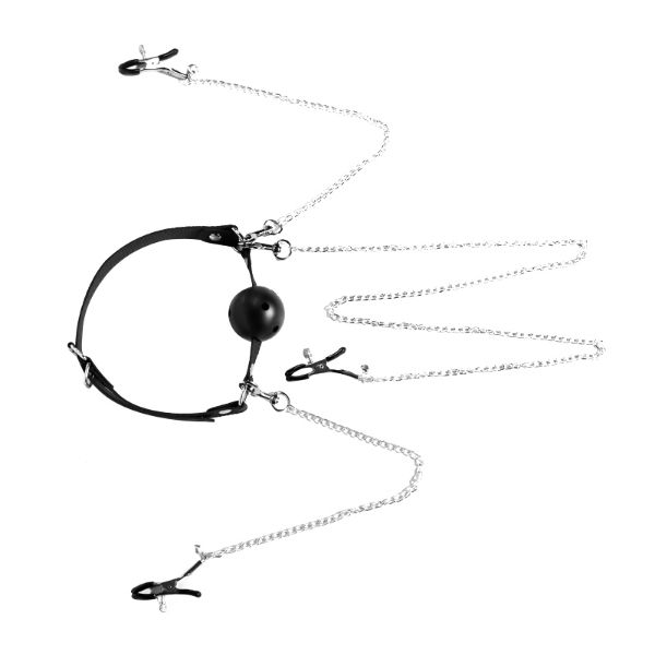 Picture of Dominator Breathable Ball Gag with Nipple Clamps and Clit Clamp - Black