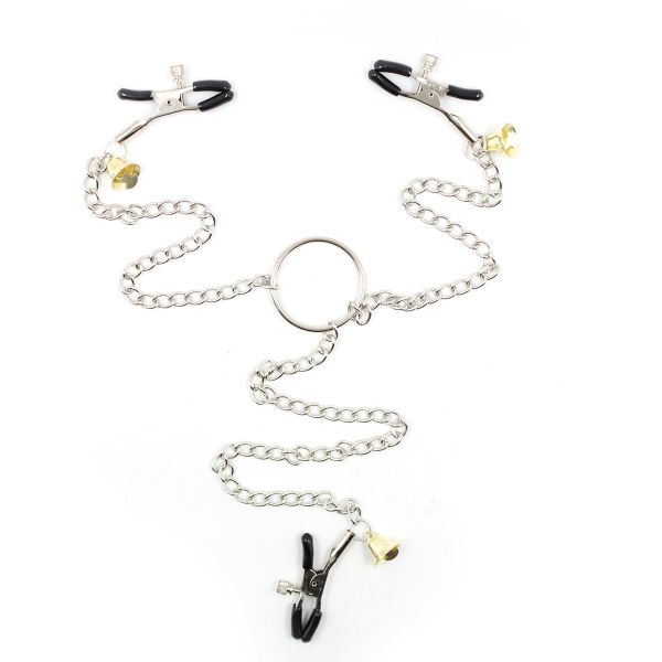 Picture of Dominator Adjustable Nipple Clamps and Clit Clamp With Bells - Black
