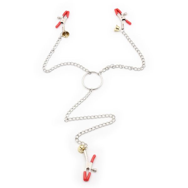 Picture of Dominator Adjustable Nipple Clamps and Clit Clamp With Bells - Red